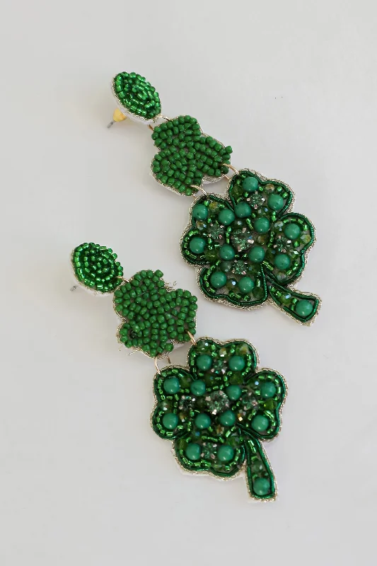 Caitlin Green Beaded Four Leaf Clover Drop Earrings