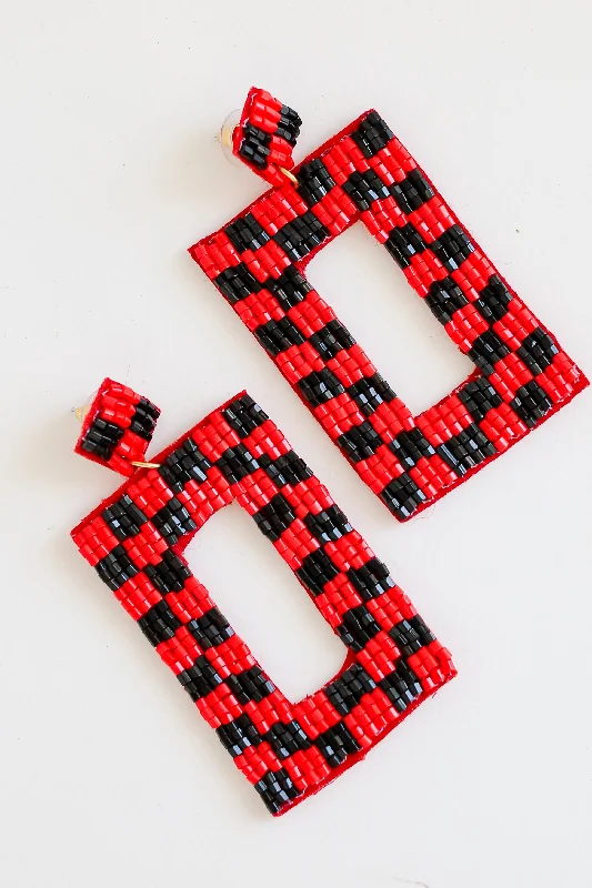 Luxury Jewelry Now At Special Promotional Rates Red + Black Checkered Beaded Statement Earrings