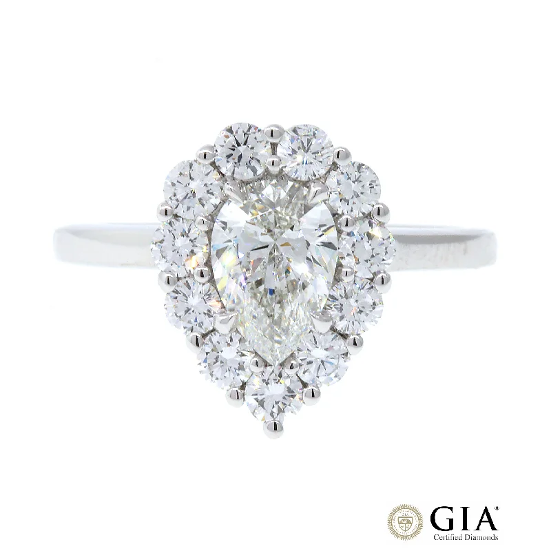 GIA Certified Pear Shaped Diamond Engagement Ring in 14k White Gold