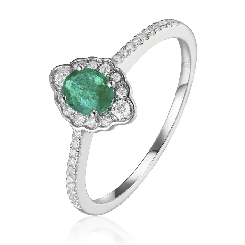 Classic And Modern Jewelry Styles On Sale 14K White Gold Emerald And Diamond Halo Ring