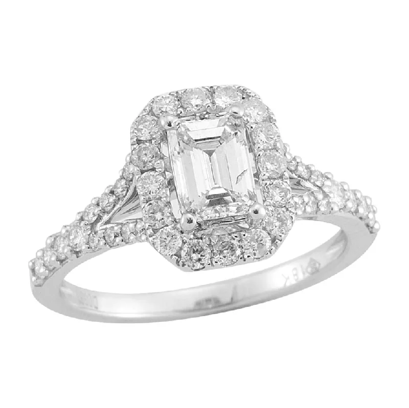 Flash Sale On Stunning Jewelry – Limited Stock Available 14K White Gold 0.48Ct Emerald Cut Diamond Split Shank Halo Engagement Ring