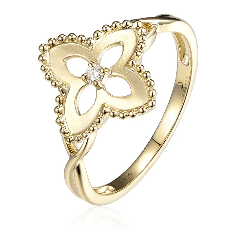 14K Yellow Gold Beaded Flower Diamond Ring