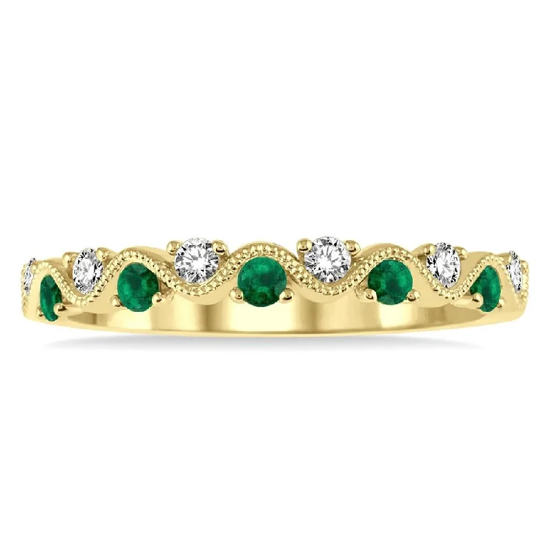 Exclusive Online Jewelry Sale – Don't Wait 14K Yellow Gold Diamond And Emerald Wave Band Ring