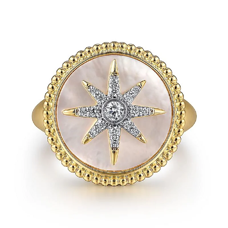 Jewelry Clearance – Final Chance To Save Big 14K Yellow Gold Mother Of Pearl Inlay And Diamond Starburst Signet Ring