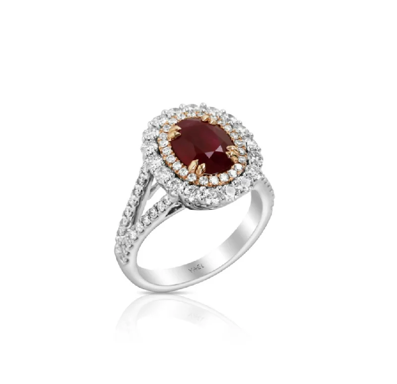 Sparkle More For Less – Jewelry Sale Happening Now 18K White And Rose Gold Double Diamond Halo And Ruby Fashion Ring