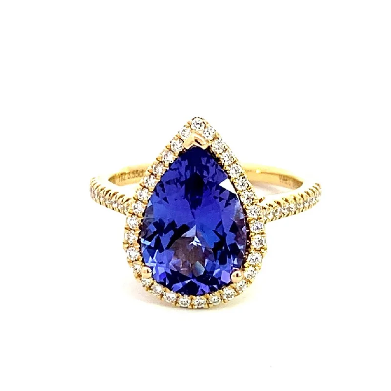 18K Yellow Gold Diamond Halo Pear Tanzanite Ring