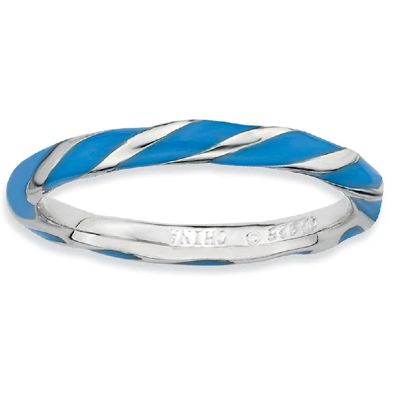 2.4mm Silver Twisted Blue Enameled Stackable Band