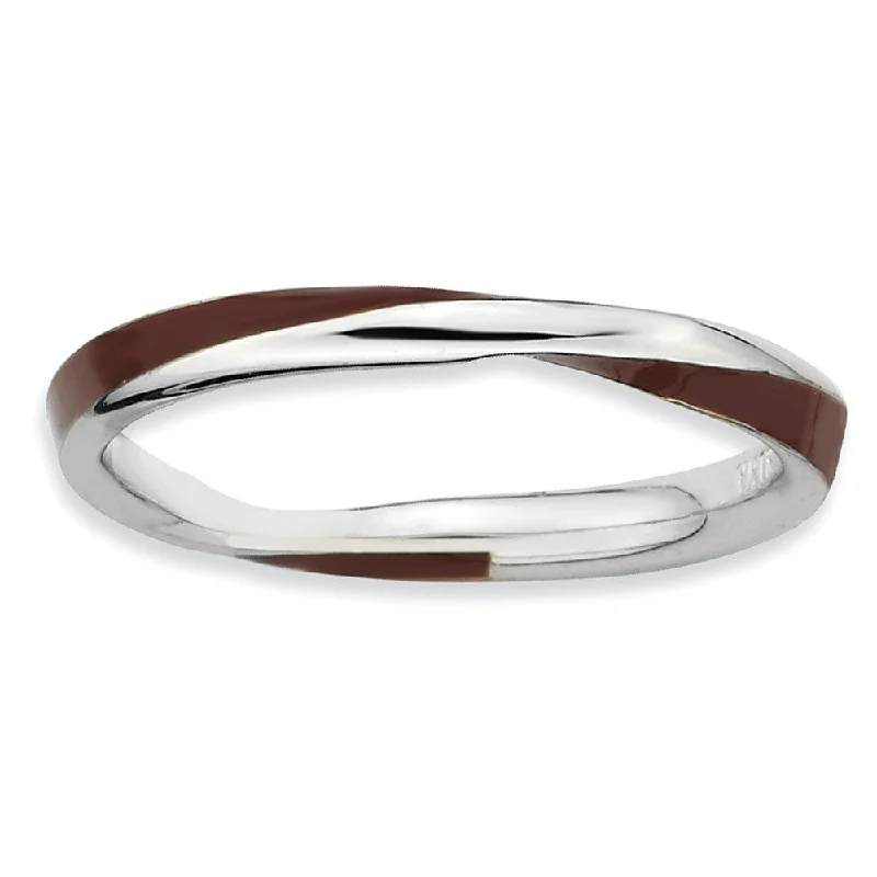 2.5mm Silver Twisted Brown Enameled Stackable Band