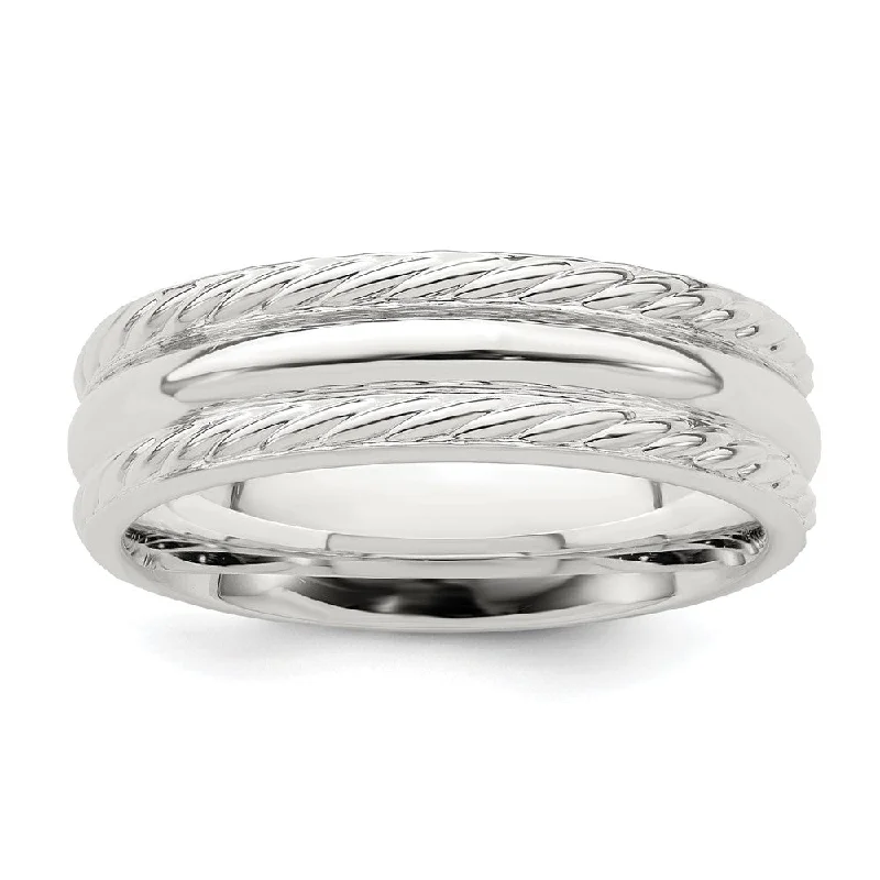 6mm Rhodium Plated Sterling Silver Polished Rope Edge Band