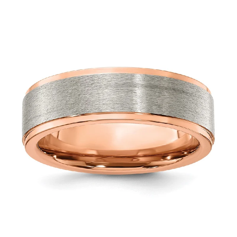 Upgrade Your Collection With Our Limited-Time Jewelry Sale 7mm Titanium & Rose Tone Plated Ridged Edge Standard Fit Band