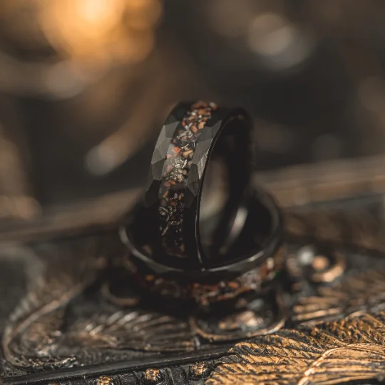 "Perseus" Black Hammered Tungsten Carbide Ring- Dinosaur Bones and Meteorite- 6mm/8mm