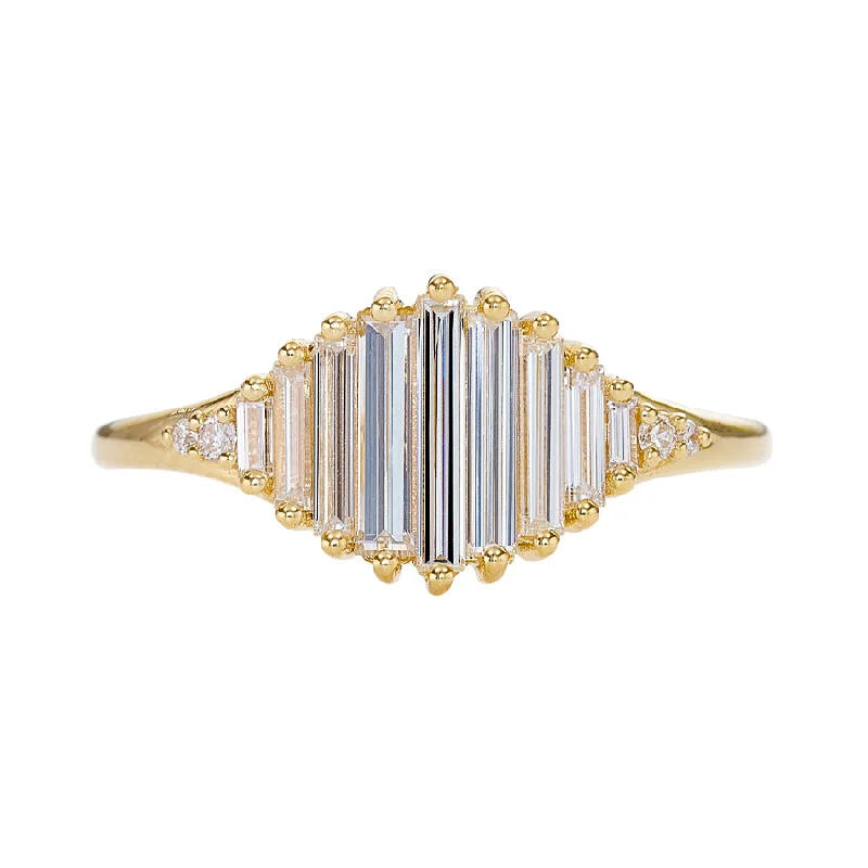 Limited-Stock Jewelry Sale – Once It's Gone, It's Gone Deco Engagement Ring with Needle Baguette Diamonds - Pond of Light Ring