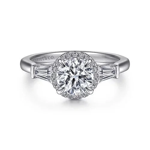 Elinor - 14K White Gold Round Three Stone Halo Diamond Engagement Ring (Setting Only)