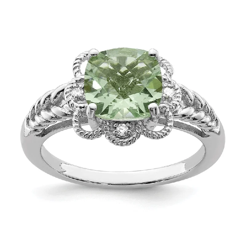 Green Quartz & .04 Ctw Diamond Scalloped Sterling Silver Ring