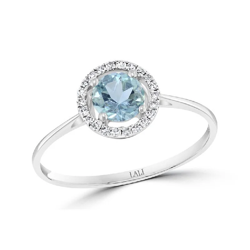 The Perfect Jewelry Piece At The Perfect Discount March Birthstone Rings: 14K White Gold Diamond And Aquamarine Halo Ring