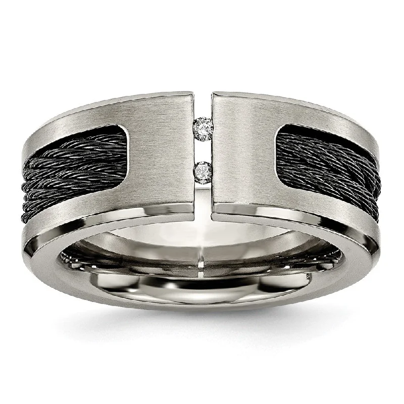 Must-Have Jewelry Pieces At Reduced Prices Mens 10mm Titanium Black Plated Cable .05ctw Diamond Standard Fit Band