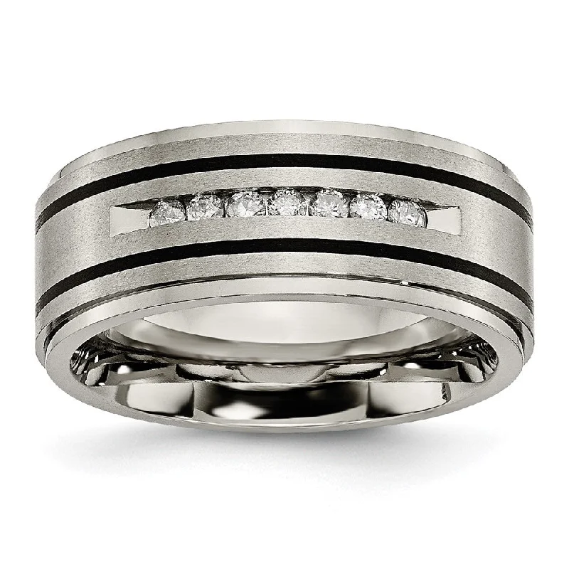 Shop Jewelry That Shines Without The High Price Men's 9mm Titanium & Enamel 1/4ctw Diamond Ridged Standard Fit Band