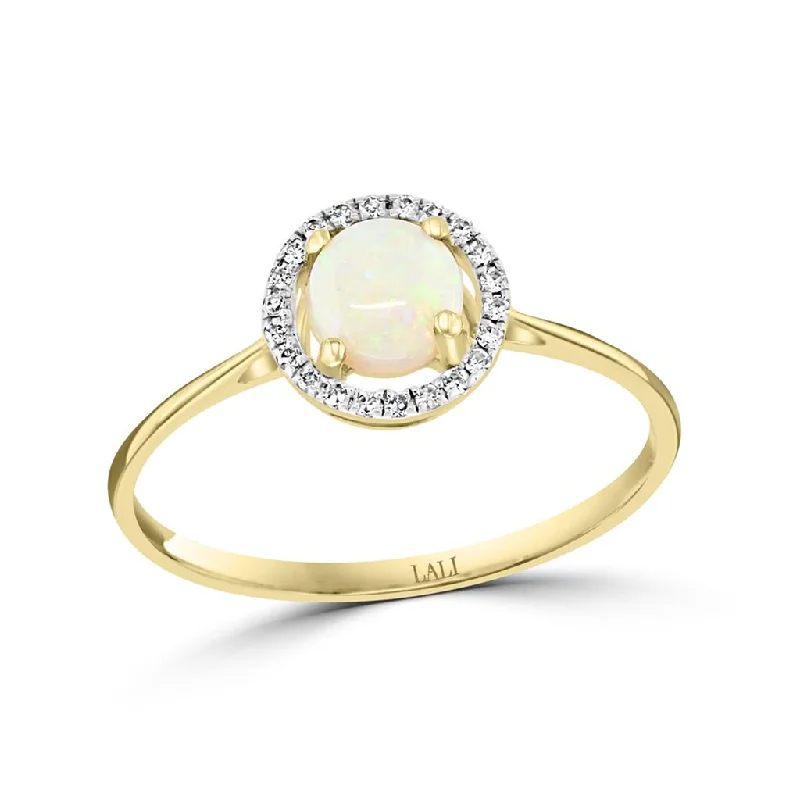 Breathtaking Jewelry At Limited-Time Savings October Birthstone: 14K Yellow Gold Diamond And Australian Opal Halo Ring