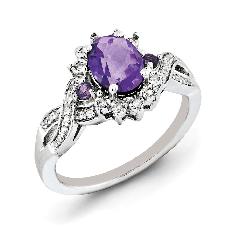 Oval Amethyst & .15 Ctw Diamond Halo Sterling Silver Ring