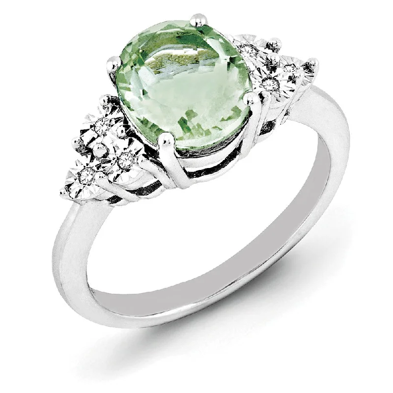 Oval Green Quartz & .03 Ctw Diamond Ring in Sterling Silver