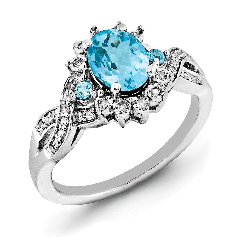 Dainty And Elegant Jewelry Now At Reduced Prices Oval Light Blue Topaz & .15 Ctw Diamond Halo Sterling Silver Ring