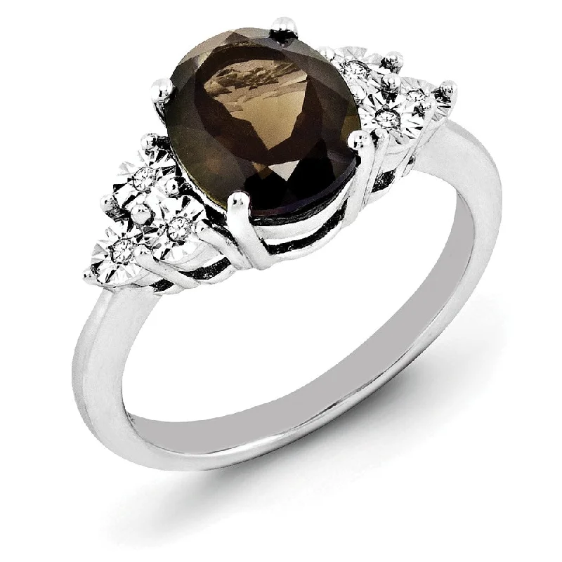 Oval Smoky Quartz & .03 Ctw Diamond Ring in Sterling Silver