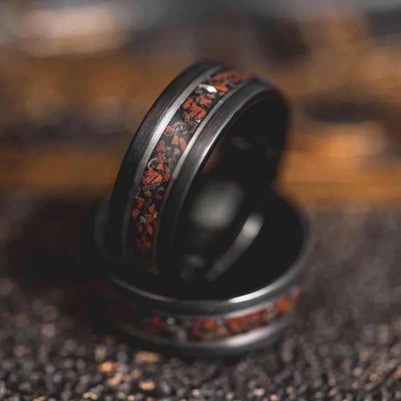 Last Chance To Grab Your Favorite Jewelry At A Discount "Perseus" Black/Silver FLAT Tungsten Carbide Ring- Dinosaur Bones and Meteorite- 6mm/8mm