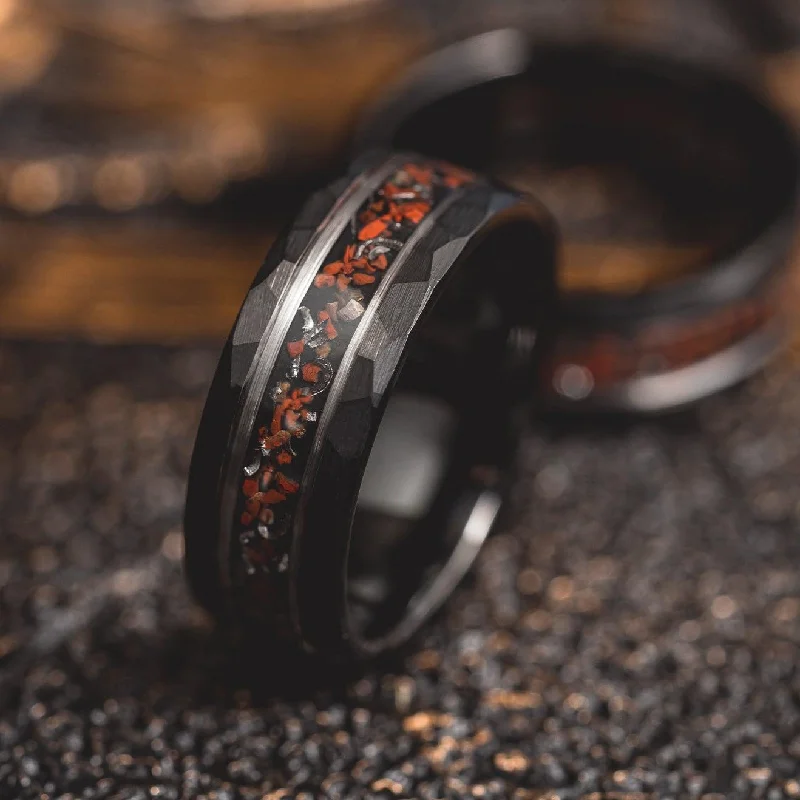 Eco-Friendly Sustainable Jewelry For Conscious Buyers "Perseus" Black/Silver Hammered Tungsten Carbide Ring- Dinosaur Bones and Meteorite- 6mm/8mm