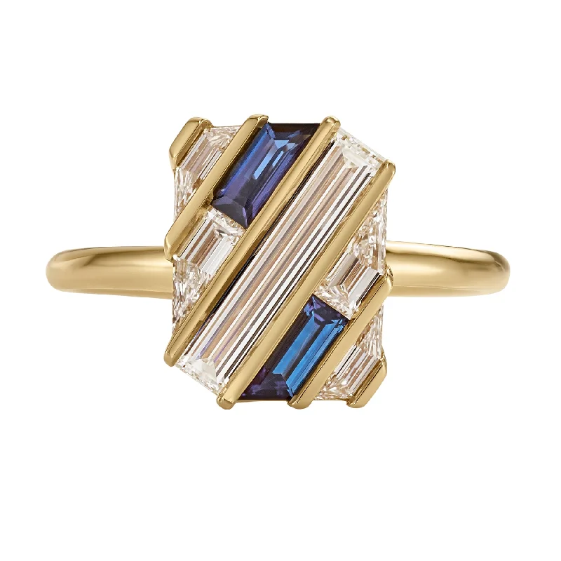 Quilted Lab Grown Diamond & Sapphire Gold Bar Engagement Ring