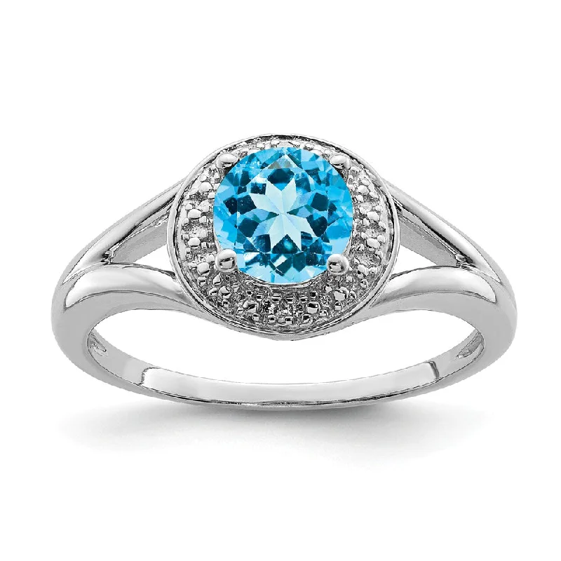 Sterling Silver .01 Ctw Diamond & Round Blue Topaz Ring