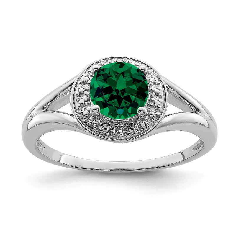 Sterling Silver .01 Ctw Diamond & Round Created Emerald Ring