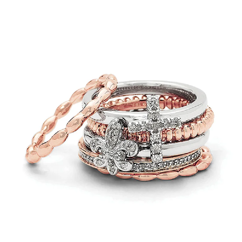 Sterling Silver & 14K Rose Gold Plated, Diamond Faith Stack Ring Set