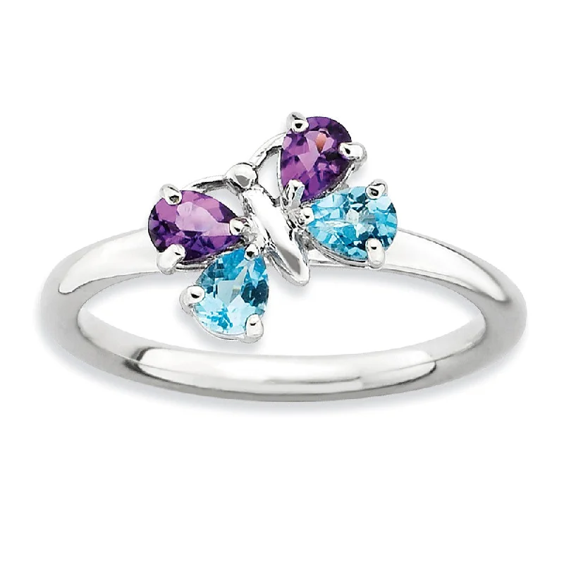 Sterling Silver, Amethyst & Blue Topaz Butterfly Stackable Ring