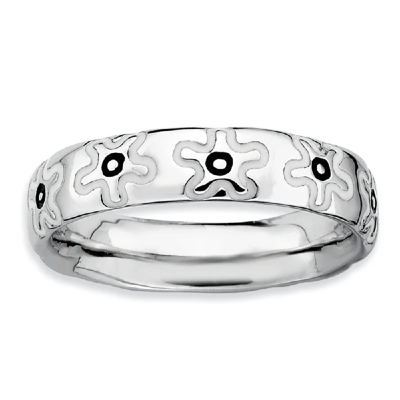 Premium Jewelry At Special Low Prices For A Limited Time Sterling Silver, Black and White Enameled Stackable Flower Band