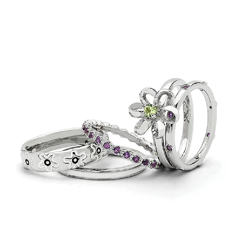 Jewelry Sale Bonanza – Grab Your Sparkle Now Sterling Silver Peridot & Amethyst Floral Dreams Stackable Ring Set