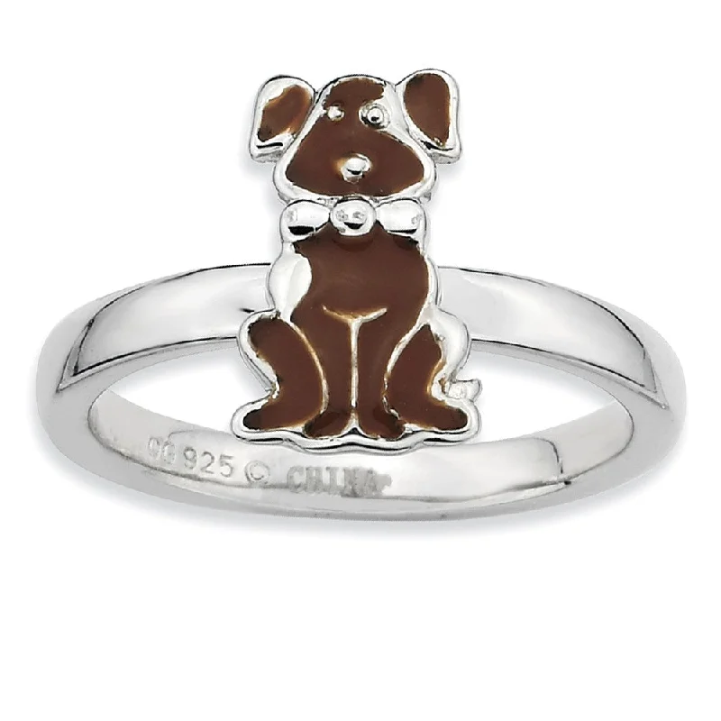 Sterling Silver Stackable Brown Enameled Dog Ring