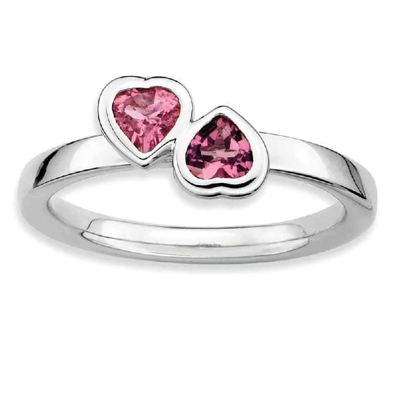 Sterling Silver Stackable Double Heart Pink Tourmaline Ring