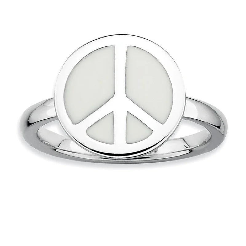 Sterling Silver Stackable White Enameled Peace Sign Ring