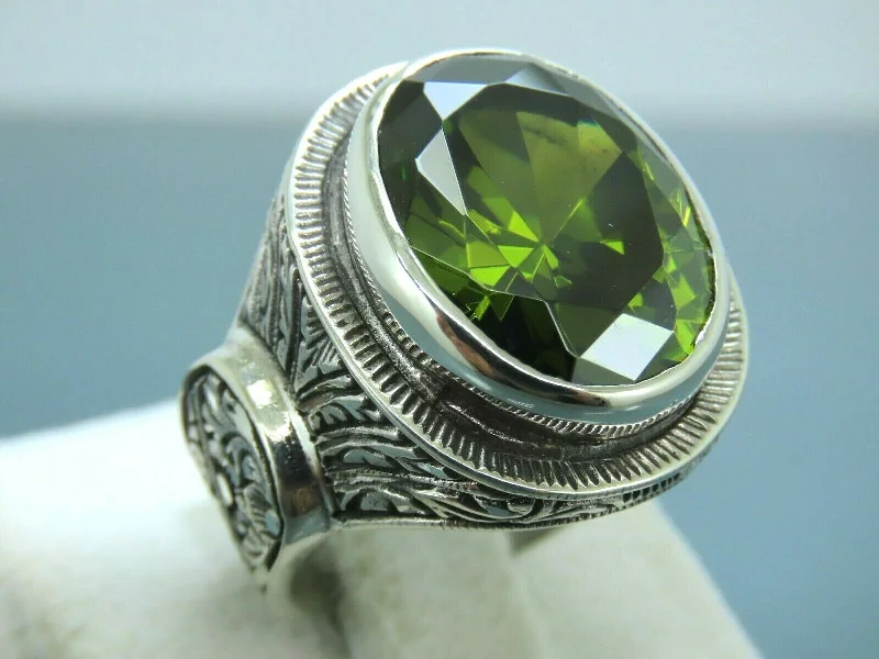 Turkish Handmade Jewelry 925 Sterling Silver Peridot Stone Engraved Mens Rings