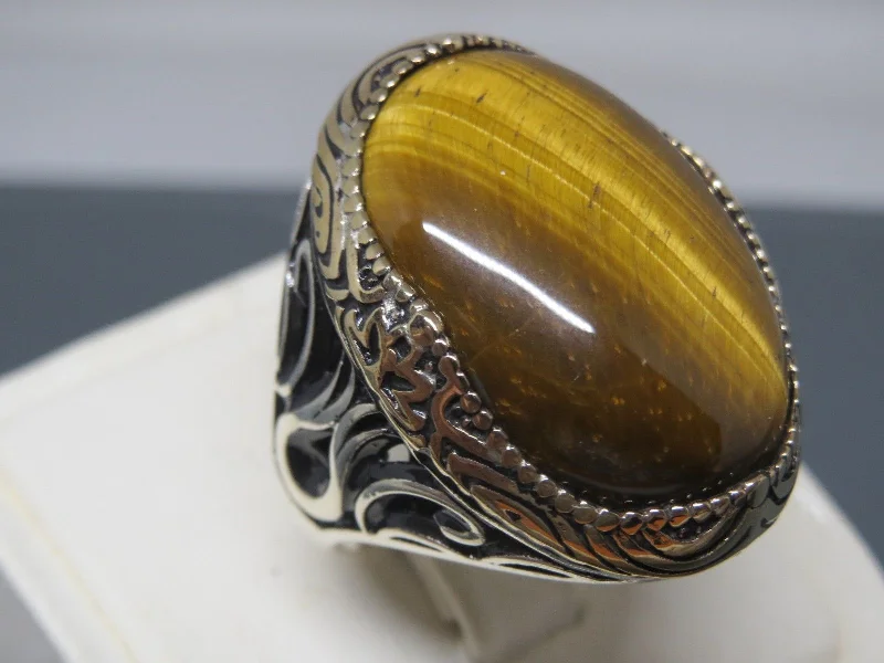 Turkish Handmade Jewelry 925 Sterling Silver Tiger's Eye Stone Mens Rings