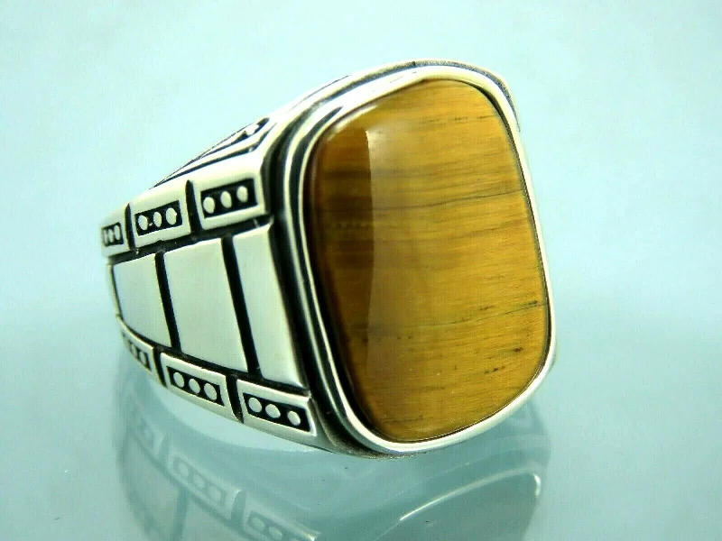 Luxury Jewelry Sale – Sparkle For Less Turkish Handmade Jewelry 925 Sterling Silver Tiger's Eye Stone Mens Rings