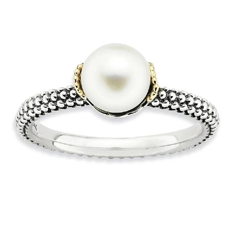 White FW Cultured Pearl, Sterling Silver & 14k Gold Accent Stack Ring