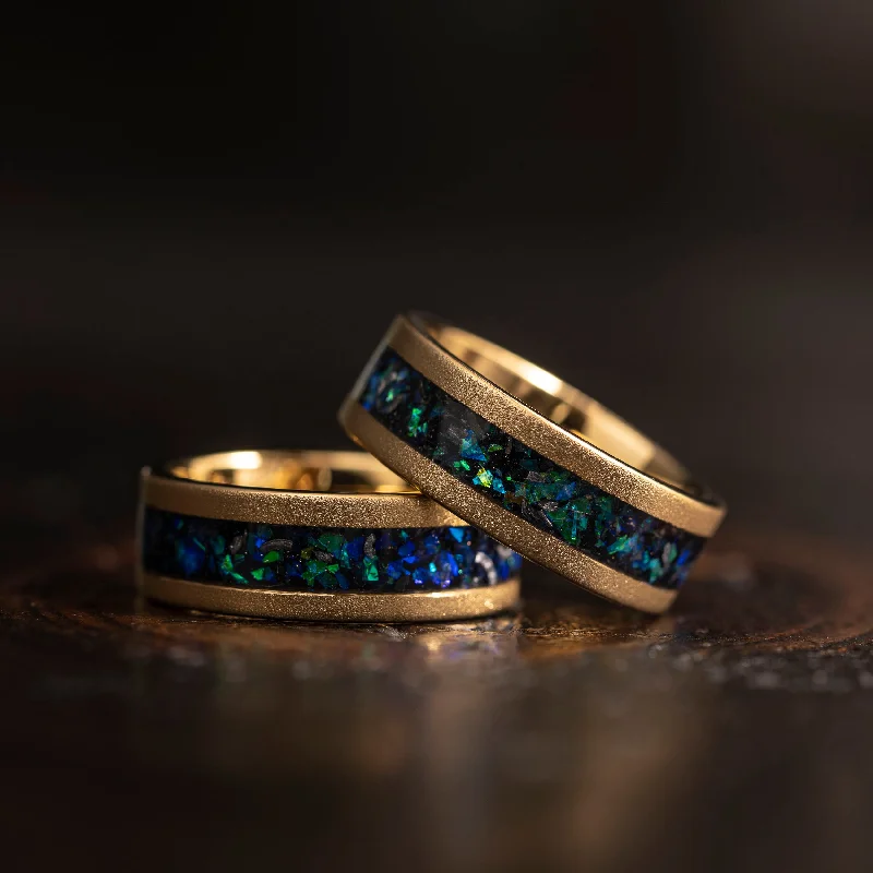 Celebrate With Sparkle – Jewelry Sale Now Live "Zeus" Flat Gold Nebula Ring Green Blue- Meteorite and Opal- Gold 8mm