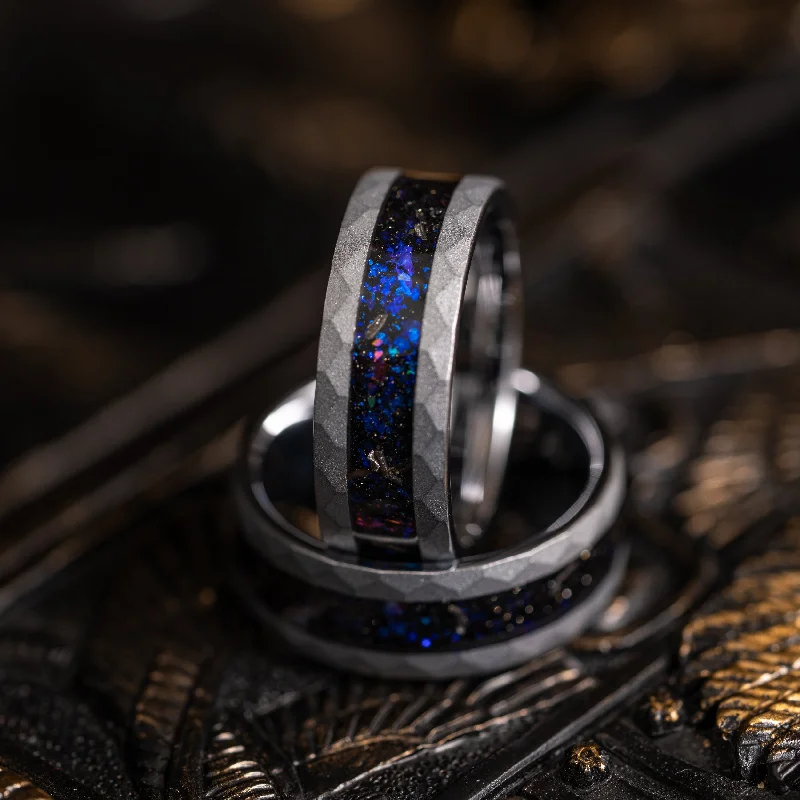 Limited-Time Jewelry Sale – Don't Miss These Deals "Zeus" Hammered Nebula Ring- Meteorite and Opal- Silver 8mm