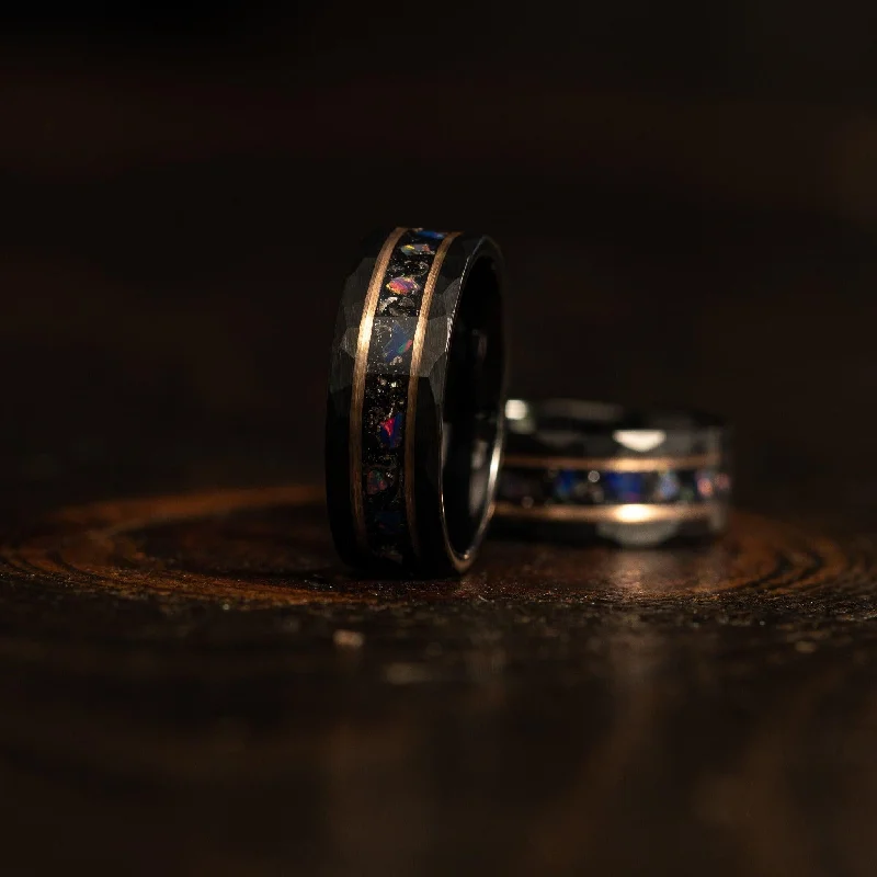 "Zeus" Hammered Tungsten Carbide Ring- Meteorite and Opal- Black/Rose- 6mm/8mm