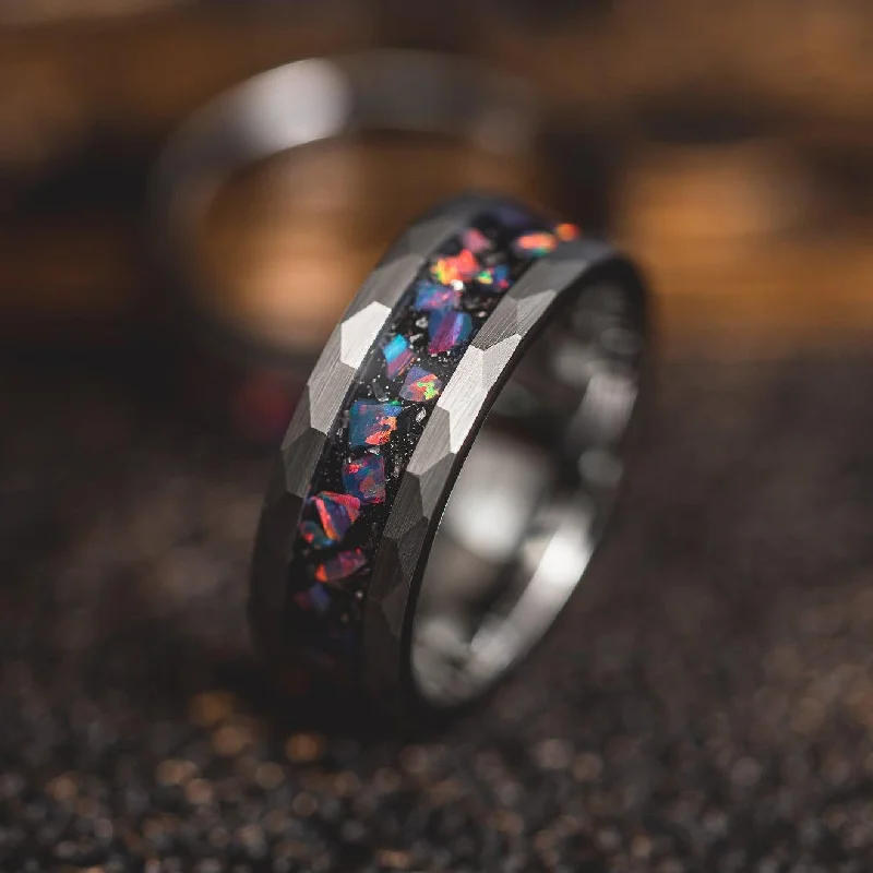 Dazzle With Discounts – Shop Jewelry On Sale "Zeus" Hammered Tungsten Carbide Ring- Meteorite and Opal- Silver- 6mm/8mm