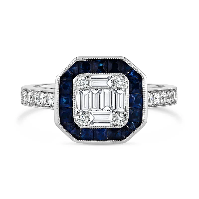 High-End Sparkle, Low-End Prices – Shop Now Art Deco Ring with Sapphire Halo