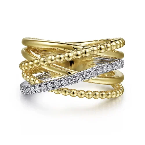 Glamorous Jewelry, Glamorous Deals – Shop Now Diamond Multi-Cross Over Band in 14K Two Tone Gold