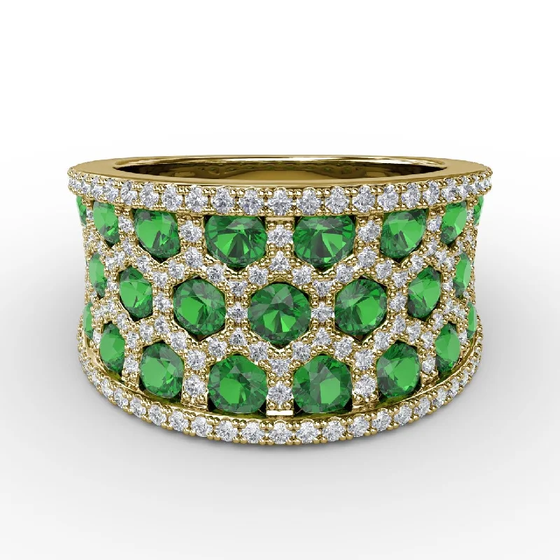 Timeless Elegance At Unbelievable Discounts Emerald & Diamond Wide Band in 14K Yellow Gold