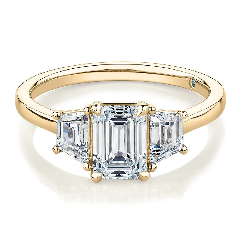 Elegant Jewelry At Unbeatable Offers – Shop Before It's Gone Premium Certified Laboratory Created Diamond, 1.87 carat TW emerald cut three stone ring in 18 carat yellow gold